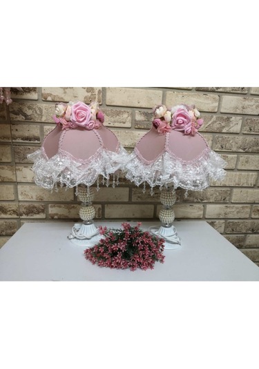 Çiçek Dekorlu Abajur İki Adet Dekoratif Eşya Pembe Diğer