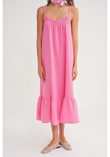 4740 Kadın Askılı Müslin Midi Elbise Pembe Pembe