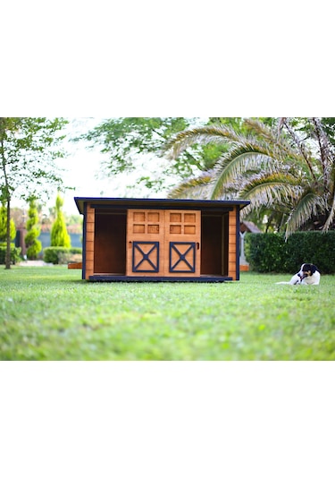 MANDU Ahşap İkiz Köpek Kulübesi (2 yuva tek kulübe) + İsimlik ve