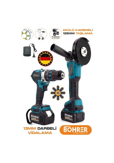 Böhrer HB315T V598/36V 5AH Akülü 13MM Darbeli Vidalama + Akülü Taşlama Makinesi Demir Kesme Makinesi Süper 2'li Set