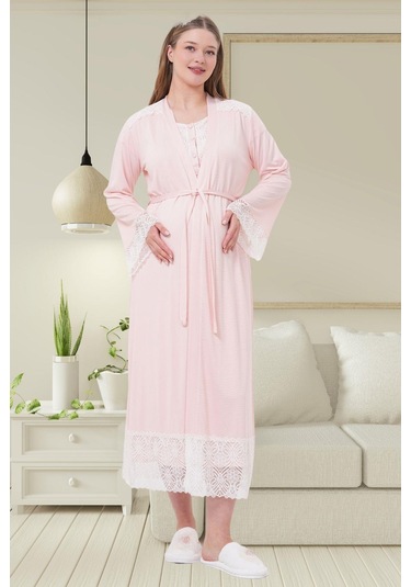 Mecit 6204 Pembe Hamile Lohusa Dantelli Sabahlık Gecelik Takım