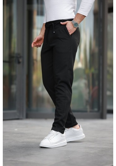 Erkek Beli Bağcıklı Duble Paça Örme Pamuklu Kumaş Jogger Pantolon Siyah