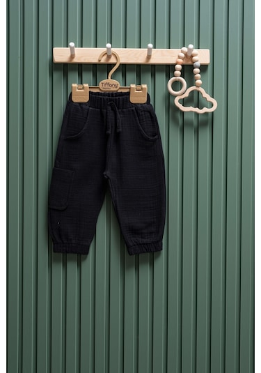 Unisex Müslin Kargo Cepli Pantolon 6 Ay 3 Yaş %100 Pamuk Siyah