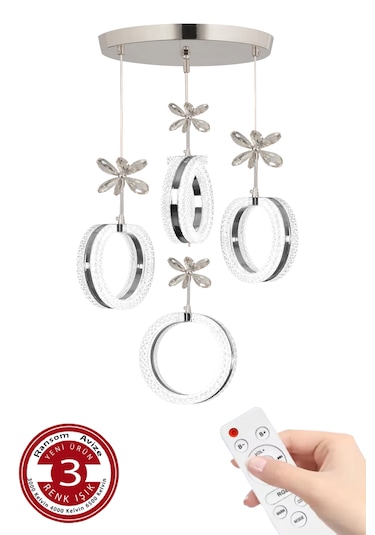 3 Renk Kumandalı Krom Kasa Yüzük Led Avize 4 Lü Modern Ledli Aviz