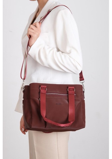Kadın Omuz Çantası Saten Kumaş 35 25 Cm Çapraz Askılı Postacı Çanta Mega Bag Vegan Deri Kol Çantası Bordo