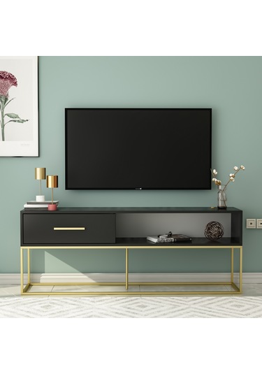 Mira Tv Ünitesi 160 Cm Kapaklı Ve Raflı, Gold Ayak, Modern Tasarım - Siyah/gold Siyah/gold