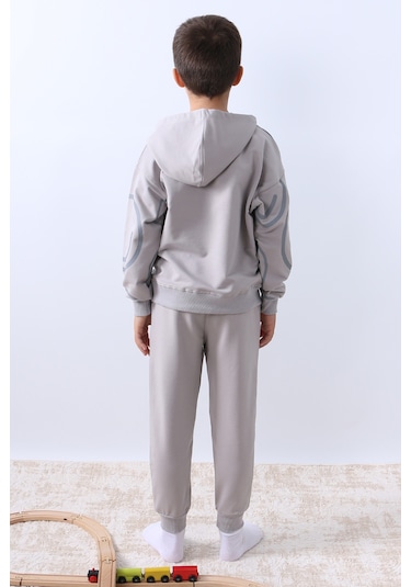 Erkek Çocuk Kapşonlu Eşofman Takımı Smile Baskılı Ribanalı F11 Gri