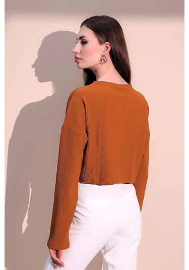 Kadın Hardal Uzun Kol Kendinden Dokulu Cepli Crop Sweatshirt, Salaş Kesim Bluz HARDAL