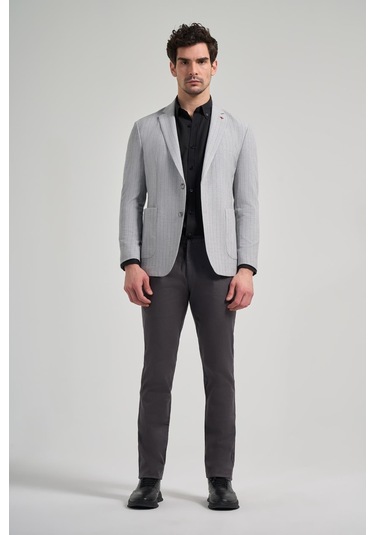 Çizgili Desen Gofreli Mono Yaka Esnek 6 Drop Slim Fit Ceket 1002250122 Gri