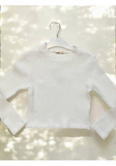 Kız Çocuk Kışlık Yuvarlak Yaka Fittili Basıc Kazak-14427 Beyaz