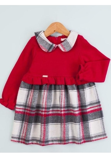 Baby Rose Kız Bebek Triko Robalı Ekose Elbise-14923 Kırmızı
