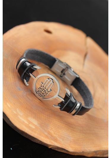 Silver Renk Fatma Ana Eli Metal Aksesuarlı Siyah Renk Deri Erkek Çok Renkli