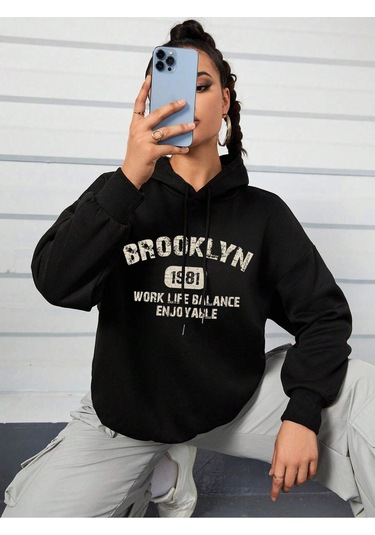 Coke Serisi Letter Graphic Drop Shoulder Drawstring Hoodie-trzksw546 Siyah