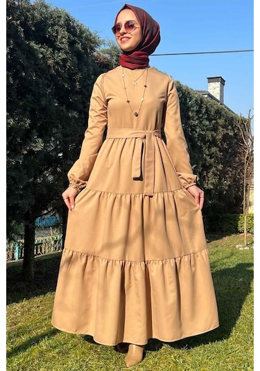Rabia Şamlı Bej Gabardin Elbise Normal