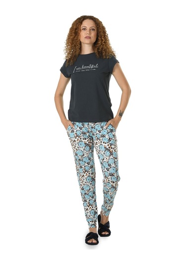 Kadın Füme Baskılı Yarım Kol Viskon Pijama Takımı 10120 - L Füme