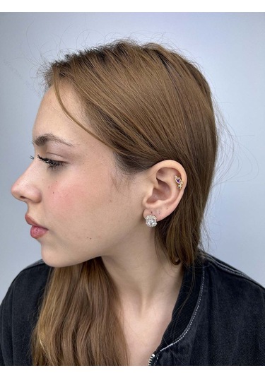 Zirkon Taşlı, Baget Model, Paslanmaz Çelik Küpe 47, Kasa Altın Renk Altın