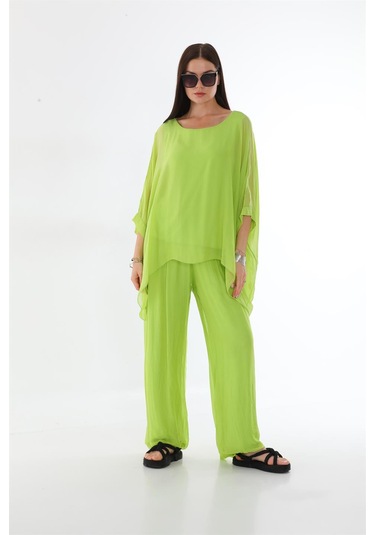 İtalyan Yarasa Kol İpek Bluz-8869 Fıstık Yeşili