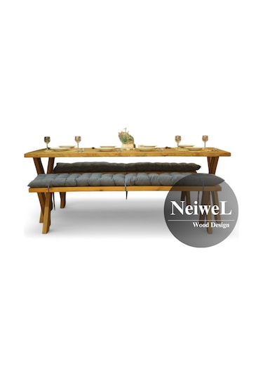 Neiwel Ken Doğal Ahşap Banklı Mutfak Ve Yemek Masası Takımı-100-240 Takım Açık Ceviz