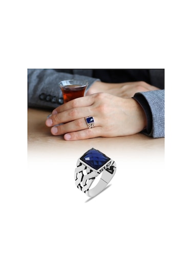 Zincir Tasarım Faset Mavi Zirkon Taşlı 925 Ayar Gümüş Erkek Yüzük (457819339)
