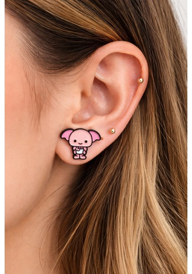 Dobby Figürlü Pembe Küpe Unisex Renkli Karakter Tasarım Çok Renkli
