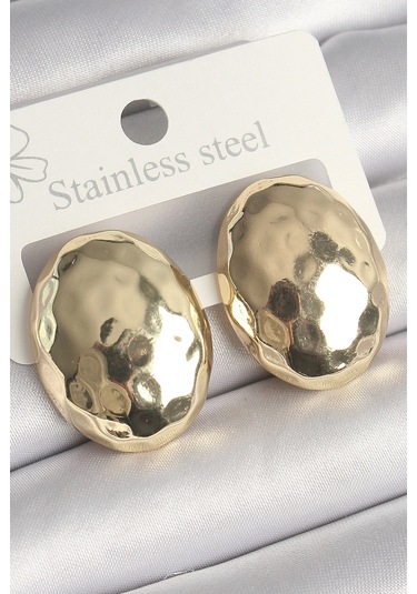 Shoecide Pirinç Gold Renk İşlemeli Bombe Oval Model Kadın Küpe Çok Renkli