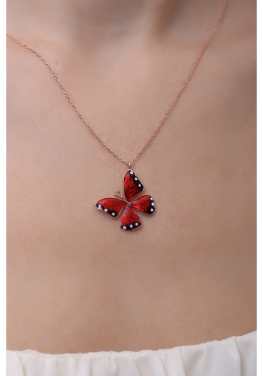 Gümüş Kırmızı Mineli Kelebek Kolye Wsn269