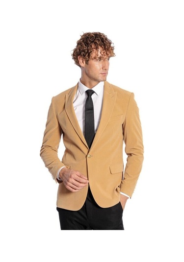 Wessi Geniş Sivri Yakalı Kadife Koyu Sarı Erkek Ceket - Wessi Sarı