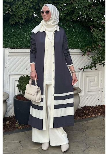 İmge Çizgili Triko Hırka Antrasit Çok Renkli