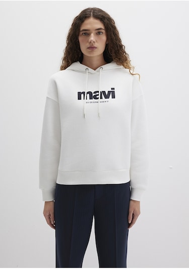 Mavi - Mavi Logo Baskılı Kapüşonlu Ekru Sweatshirt 168334-81964 Beyaz