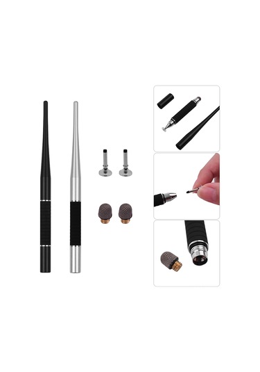 Monyee Metal Kapasitif Kalem 2'li Set Siyah+gümüş - İki Uçlu El Dokusu+sünger - Yüksek Hassasiyetli Yazma Ve Çizim İçin - 2 Adet Yerine Konulabilir Uç Takımı