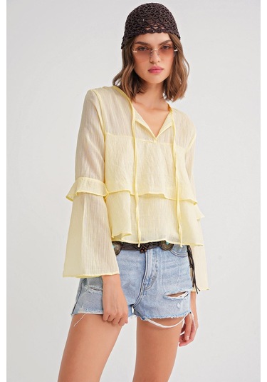 4735 Kadın Uzun Kollu Fırfırlı Bağlamalı Bluz Sarı Sari