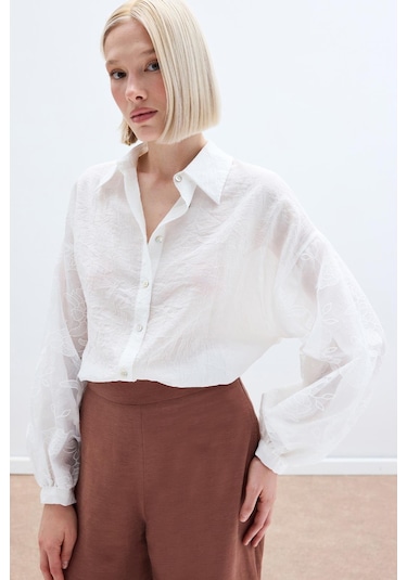 Sateen Nakış Detaylı Kraşlı Gömlek - Ekru-136256 Ekru
