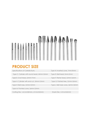 Hallow 1/8" Çift Kesim Karbür Döner Çapak Seti Şaft 20 Adet