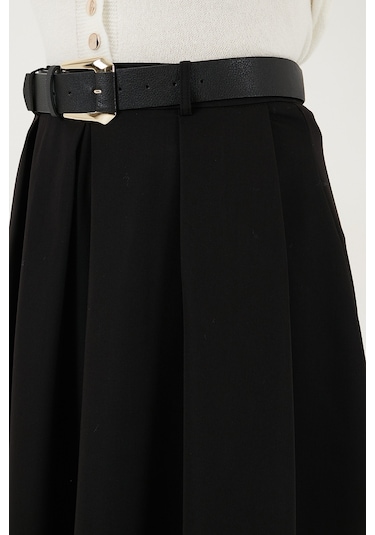 Lela Modest Kemerli Comfort Fit Yüksek Bel Pileli Kloş Uzun Tesettür Bayan Etek 6833360 Siyah