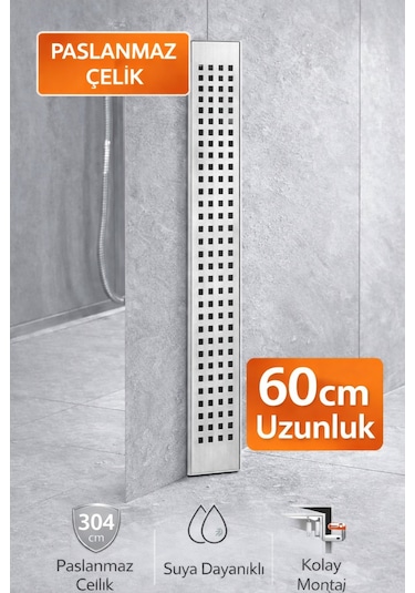 60 Cm Lineer Duş Gider Izgarası 304 Paslanmaz Çelik 5 Cm Genişlik Üst Kapak
