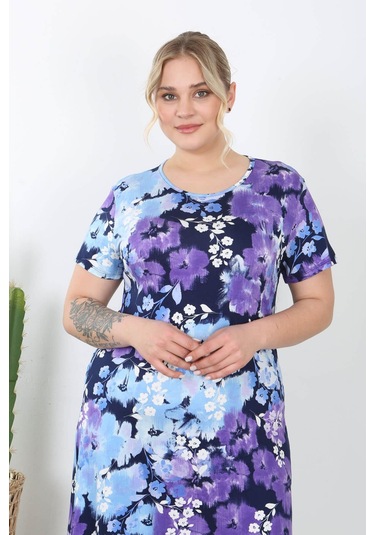 Kadın Mavi Mor Kırçiçeği Desen Midi Elbise Mavi