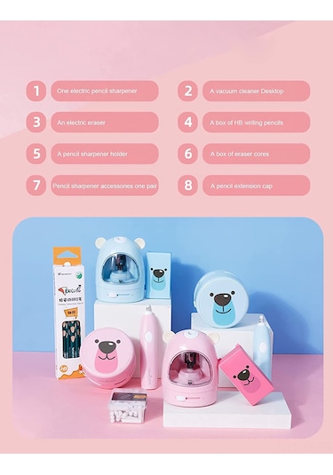 Yifomall Öğrenci Elektronik Ofis Seti: Otomatik Kalem Kesici, Silgi Ve Masa Süpürgesi - Pembe Plastik