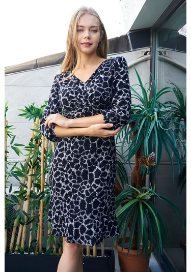 Kadın Hafif Likralı Yumuşak Dokulu Kumaş V Yaka Önü Düğümlü Eteği Volanlı Uzun Kol Diz Boy Elbise-lacivert Desen Lacivert D.