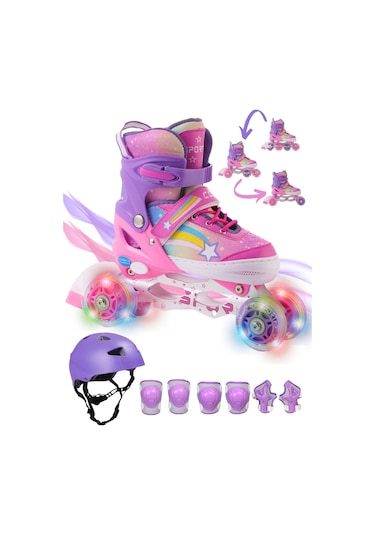 Yıldız Gökkuşağı Işıklı Kız Çocuk Pateni Kask Ve Dizlik Seti Silikon Teker Ayarlanabilir Taşıma Mor