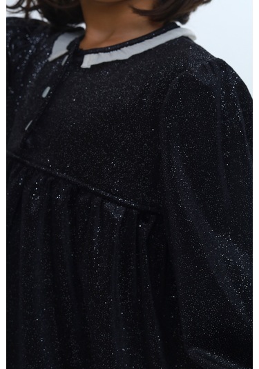 Toontoy Kız Çocuk Yaka Düğmeli Fırfırlı Elbise Siyah