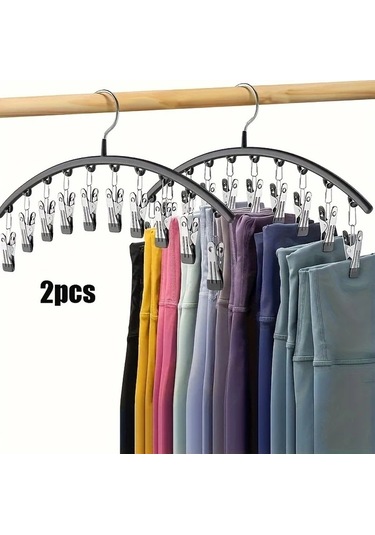 Elmpaly Eğimli Askı 2 Adet Yoga Pantolonu Ve Tayt İçin 10 Dolap Klipsi İle Tasarruflu Kancalı Giysi Askısı Ahşap