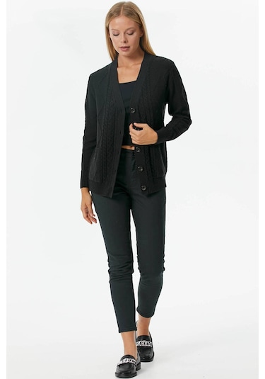 Düğmeli Saç Örgülü Triko Hırka  - Siyah