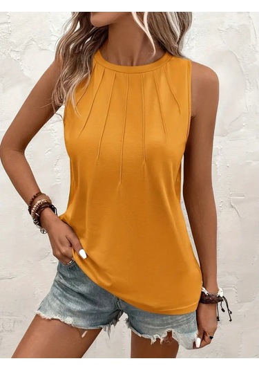 Modaserdem Kadın Kolsuz Bisiklet Yaka Önden Şerit Detaylı Viskon Bluz Sari