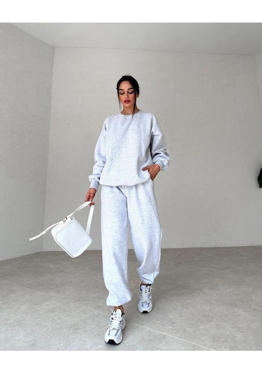 Basic Düz Eşofman Takımı Sweatshirt Jogger - Gri Oversize Şardonlu Bisiklet Yaka Gri