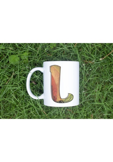 L Harf Yaprak Renkleri İle Kupa Bardak - Kişiye Özel Alfabe Harfli Bardak - Hediye Beyaz