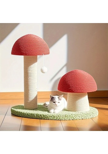 Honeybeeshop 3 İn 1 Kedi Ağacı Dayanıklı Big Mushroom Base İç Mekan Kedi Tırmalama Direği Sisal Kaplı Mini Pet Villası Yeşil Ponpon Tabanlı