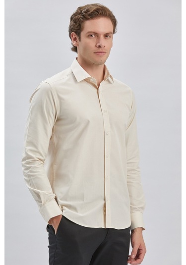 Erkek Uzun Kollu Bez Ayağı Sert Yaka Cepsiz Klasik Slim Fit Dar Kesim Gömlek 1004240230-bej Bej