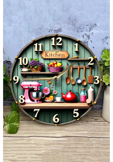 Vintage Kitchen Temalı Mdf Duvar Saati 33 Cm 3d Görünümlü Uv Baskılı Sdw350 Renkli