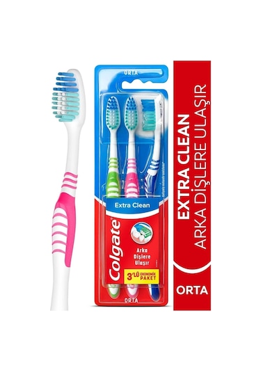 Colgate Extra Clean Dil Temizleyicili Arka Dişlere Uzanan Orta Diş Fırçası 3'lü Ekonomik Pake