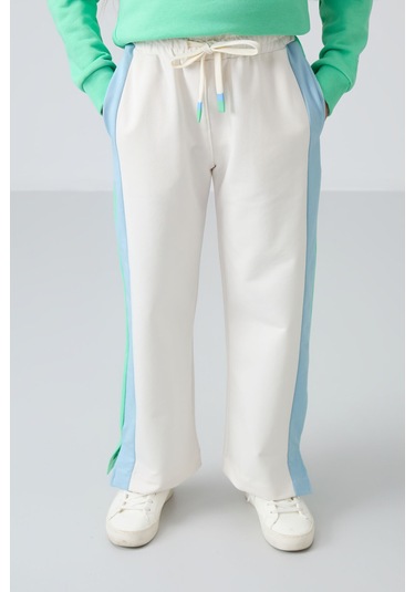 Tommy Life Ekru Yırtmaç Detaylı Cepli Geniş Paça Kız Çocuk Eşofman Alt - 75141 Ekru